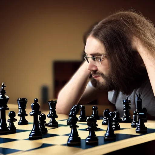 Image similar to A long haired man plays chess with a robot, hyper realistic, HD, HQ, photo realistic