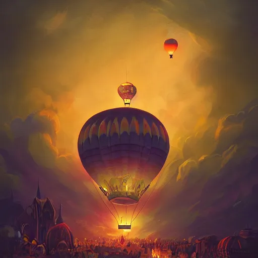 Image similar to a beautiful stunning fantasy whimsical matte digital illustration of a hot - air balloon race at night by marc simonetti and anato finnstark, disney steampunk, chiaroscuro magical bokeh moon stars, trending on artstation hq, masterpiece