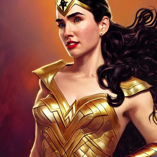 Prompt: portrait of Jennifer Connelly as wonder woman tv show by Stanley Artgerm Lau , greg rutkowski, thomas kindkade, alphonse mucha, loish, norman rockwell. Trending on artstation rule of thirds detailed illustration hd 4k