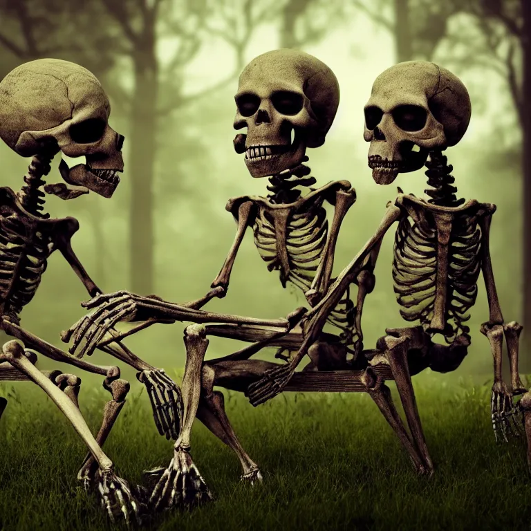 Image similar to decayed old romantic pair of skeletons, sitting on a park bench, holding their hands kissing, partially covered with dust and moss, cinematic lighting, photorealistic image, 8k, ultra detailed, high resolution, artstation