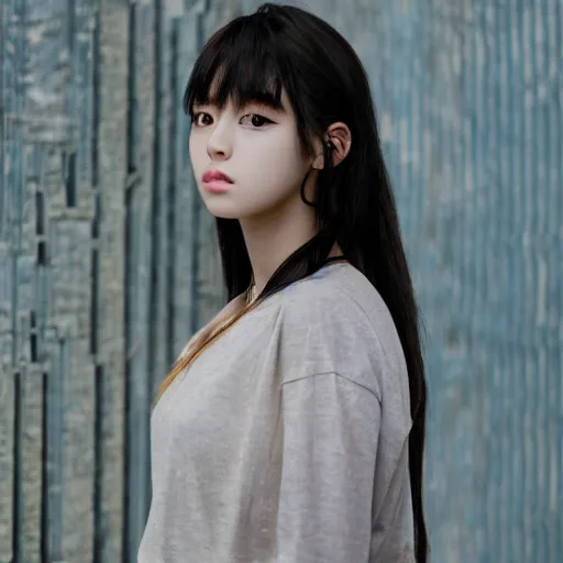 Image similar to a masterpiece portrait photo of a beautiful young woman who looks like a k - pop star, symmetrical face, random background scene