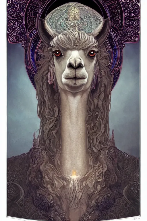 Prompt: Portrait of a Llama, D&D, blue eyes, face, fantasy, sacred halo, byzantine iconography, dark runic gothic, intricate, elegant, highly detailed, digital painting, artstation, concept art, smooth, sharp focus, illustration, art by artgerm and greg rutkowski and alphonse mucha, daily deviation