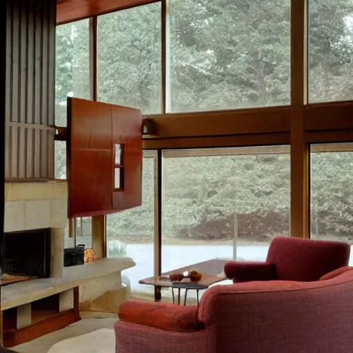 Image similar to in ground living room, mid century, fireplace, big windows, frank lloyd wright