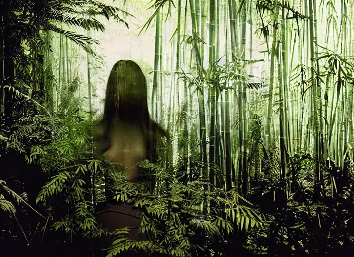 Prompt: a female model with long black hair, emerging from a dense misty forest of fern plants and bamboo wearing camouflage by yohji yamamoto, in the style of daido moriyama, double exposure, camera obscura