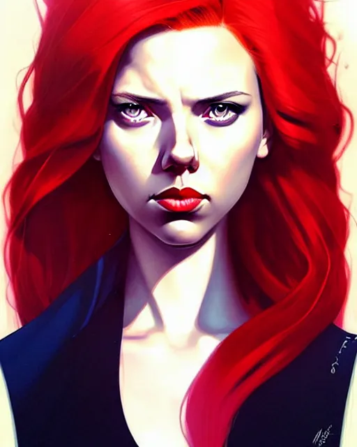 Image similar to peter mohrbacher, phil noto, artgerm, pretty scarlett johansson black widow, symmetrical eyes, long red hair