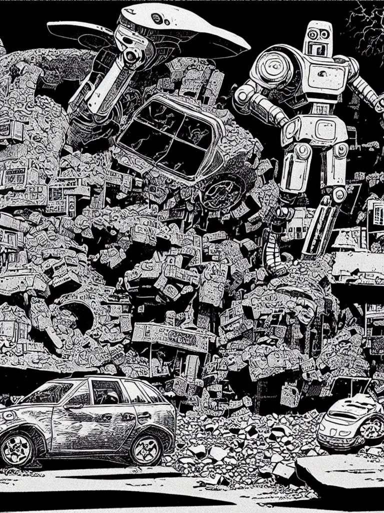 Image similar to an individual Giant stone robot walking down the street, a crushed car is under the robot’s foot by Richard Corben