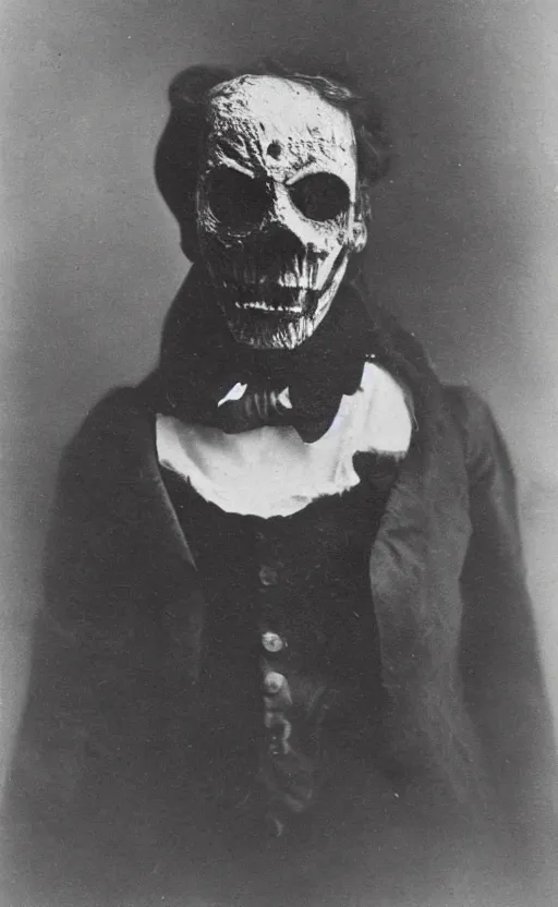 Prompt: a portrait photograph of a victorian wearing a scary vintage halloween mask, creepy, atmospheric, 1 9 0 0 s picture