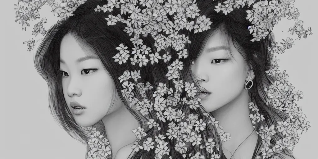 Prompt: a portrait of a very seductive Jennie Kim Blackpink, hair full of flowers, photoillustration, realistic, closeup, facing the camera, dramatic lighting, in the style of WLOP and Alphonse Mucha and Kim Deuk-sin