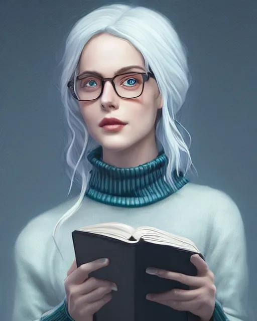 Prompt: portrait of ciri wearing a cozy turtleneck reading a book wearing nerdy glasses, marcin blaszczak, michael whelan, artgerm, artstation