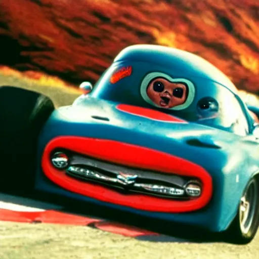 Image similar to chucky driving a race car, movie still