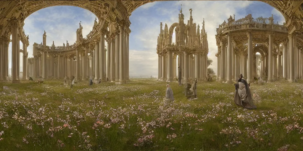 Image similar to a recursive cathedral made of marble within a wildflower meadow at dawn, infinite regress, droste effect, in the style of alma tadema