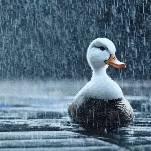 Image similar to movie poster for a movie about a lonely duck in the rain, dramatic