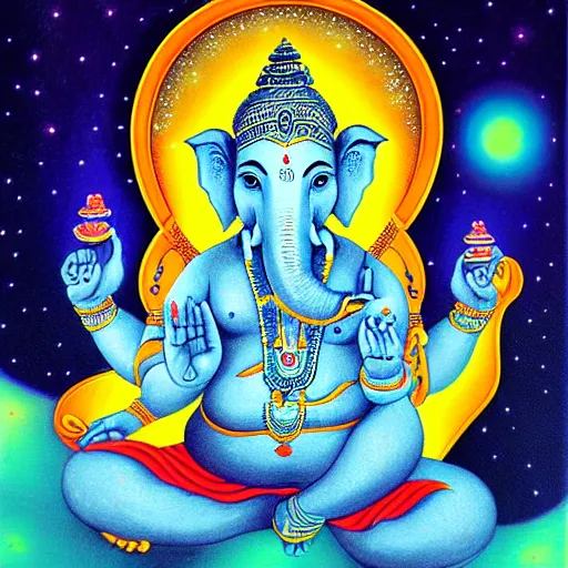 Prompt: ganesha meditating on the universe by Shinji Aramaki, detailed, bright tones