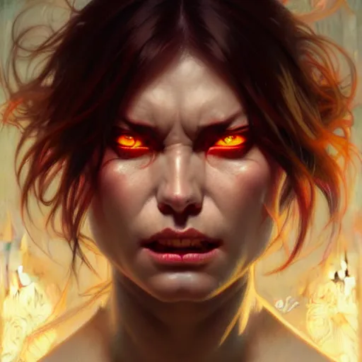 Image similar to face portrait of angry demon, realistic, high qulity, 4 k, sharp fucos, tranding on art station, illustration, art by artgerm and greg rutkowski and alphonse mucha