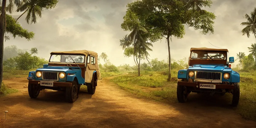 Image similar to kerala village countryside, beautiful dynamic lighting, mahindra thar on the road, cinematic, wide angle establishing shot, extremely high detail, photo realistic, cinematic lighting, post processed, concept art, artstation, matte painting, style by eddie mendoza, raphael lacoste, alex ross, volumetric lighting, light rays, photorealistic, ultrarealistic, moody, coronarender, 8k