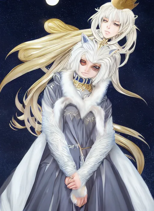 Image similar to commissioned full body portrait of a female anthro wolf princess fursona with white hair wearing a white and gold Japanese armored dress in a white and gold palace on a starry night with a large crescent moon, by a professional manga illustrator, Stanley Artgerm Lau, WLOP, Rossdraws, James Jean, Andrei Riabovitchev, Marc Simonetti, and Sakimichan, trending on artstation