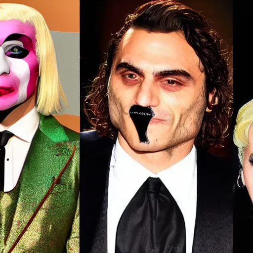 Prompt: mimmo rottela as joaquin phoenix skinny joker holding hand lady gaga harley queen