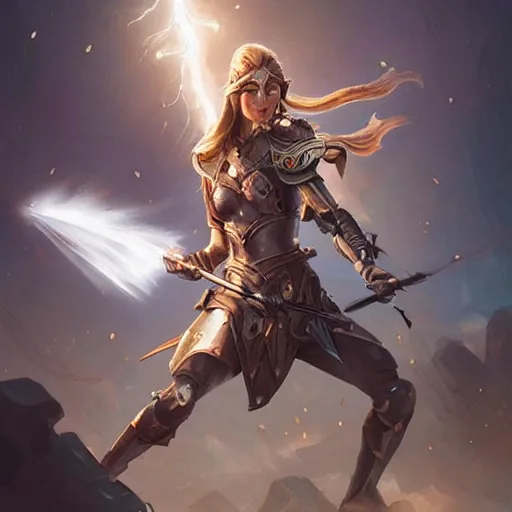 Prompt: a furious valkyrie girl in the style of sci - fi defends herself from bullets by bartering energy, she sparks with lightning in a rage clutching her huge spear, intricate, elegant, highly detailed, digital painting, artstation, concept art, matte, sharp focus, illustration, hearthstone, art by artgerm and greg rutkowski and alphonse mucha