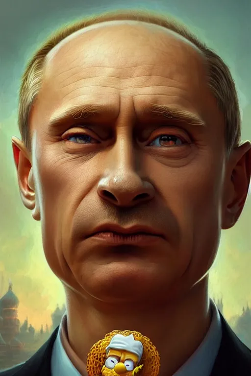 Image similar to vladimir putin as funny and stupid homer simpson, closeup, d & d, fantasy, intricate, elegant, highly detailed, digital painting, artstation, concept art, matte, sharp focus, illustration, hearthstone, art by artgerm and greg rutkowski and alphonse mucha