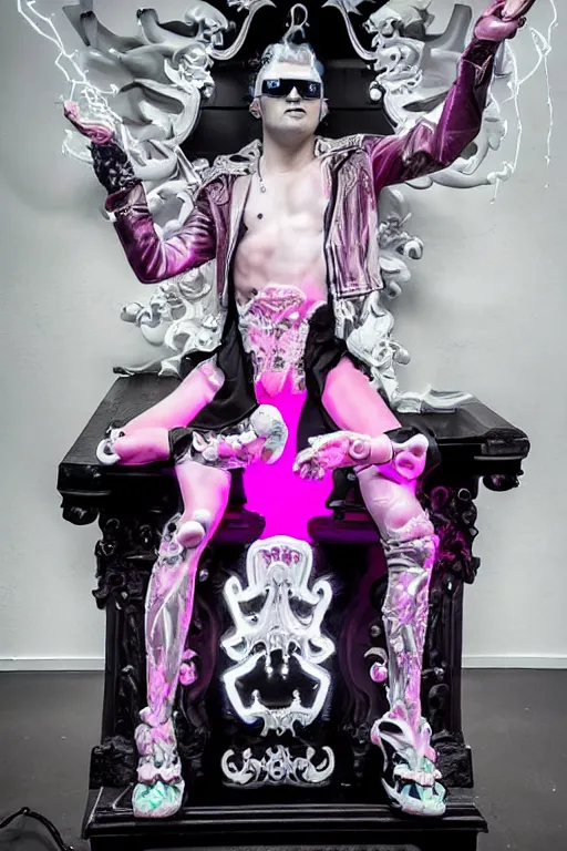 Image similar to full-body rococo and cyberpunk style neon statue of a young attractive Antonio wearing cholo shades macho dotado e rico android sim roupa reclining con las piernas abertas e la piroca dura, ethereal white dripping tar, glowing white lasers, pink tigers, glowing eyes, silver prince crown, black gears, pink diamonds, swirling mint-colored silk fabric. futuristic elements. full-length view. human skulls. large intricate artwork by caravaggio. Trending on artstation, octane render, cinematic lighting from the right, hyper realism, octane render, 8k, depth of field, 3D