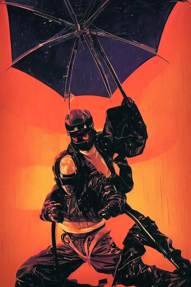 Prompt: character design, portrait, glam ninja, by syd mead, roger deakins, atmospheric neon backdrop, rain at night, symmetry