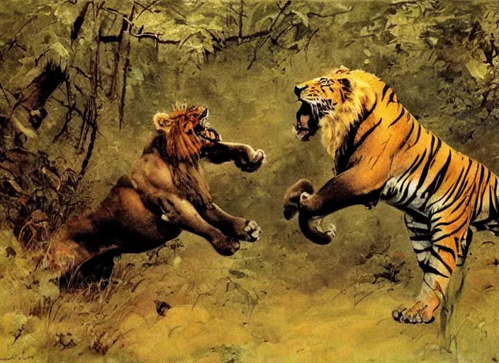 Image similar to a lion and a tiger in a forest by frank frazetta