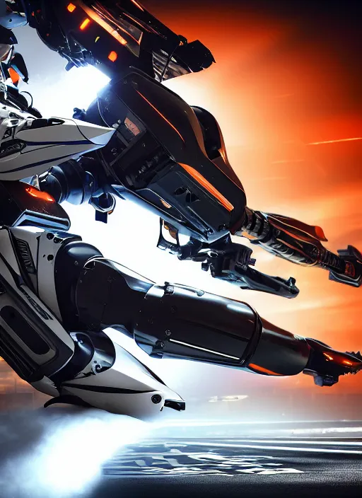 Image similar to a Photorealistic dramatic hyperrealistic full frame render of a Sleek futuristic exosuit Freedom Formula Racing Mech,Ultra realistic details,glossy white metal,Orange racing stripes,weathered surfaces,by Hidetaka Tenjin,Yoh Yoshinori,Yoji Shinkawa,Masamune Shirow,Beautiful dramatic dark moody tones and lighting,cinematic atmosphere,studio lighting,shadows,dark background, Octane render,8K