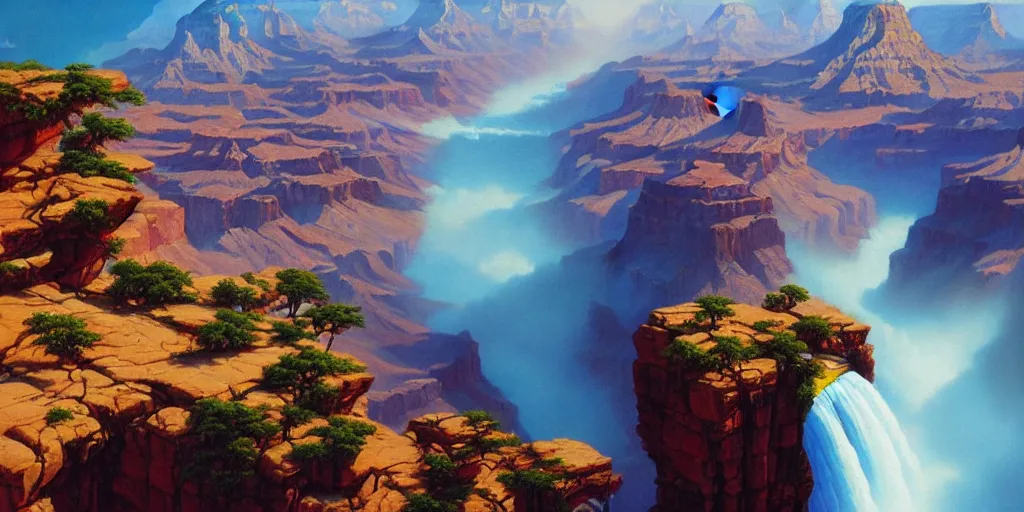 Prompt: grand canyon, niagara falls, highly detailed oil painting, octane render, rhads, Bruce Pennington, Studio Ghibli, tim hildebrandt, digital art, beautiful composition, trending on artstation, award-winning photograph, masterpiece