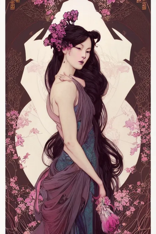 Image similar to full length portrait of a beautiful mysterious chinese fairy holding bouquet of flowers by eve ventrue, michael carson, andreas rochas, john watkiss, casey weldon, artgerm. art nouveau. tarot card by mucha. gloomhaven. swirly intricate linework background. gaudy colors, sharp edges. octane render