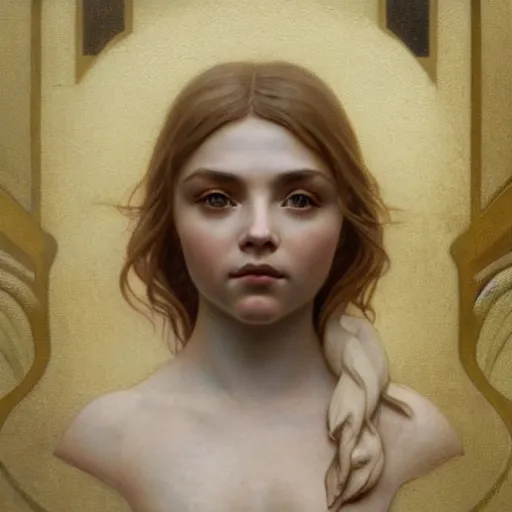 Image similar to beautiful lifelike award winning marble bust statue chloe ’ s grace moretz trending on art station artgerm greg rutkowski alphonse mucha museum quality cinematic atmospheric