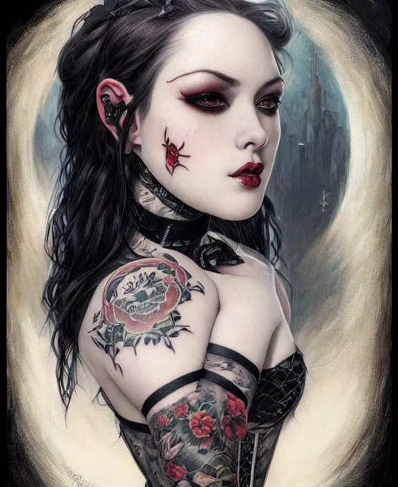 Prompt: two beautiful pale skin cosplay girls, gray eyes, black hair, fully tattooed body, fishnet corset with choker, symmetrical, beautiful detailed face, masterpiece, paint by karol bak