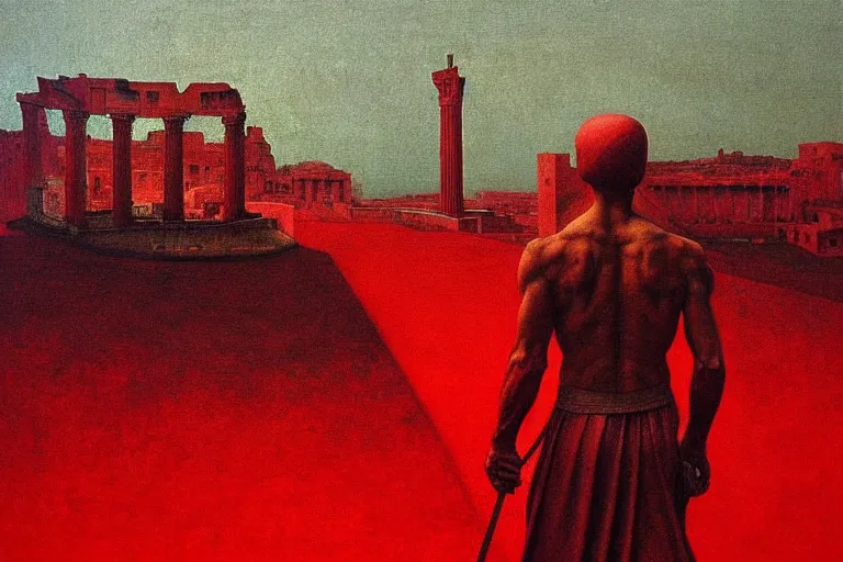 Image similar to only with red, caesar after war, a red tiger, in hoc signo vinces, rome in background, an ancient path, in the style of beksinski, part by hopper, part by rodcenko, part by hofbauer, intricate composition, red by caravaggio, insanely quality, highly detailed, masterpiece, red light, artstation