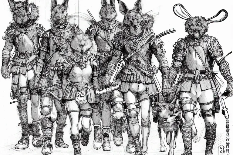 Image similar to pen and ink study of a group of furry soldiers with animal ears in a in a late renaissance city, key visual with intricate linework, in the stlye of kim jung gi and moebius