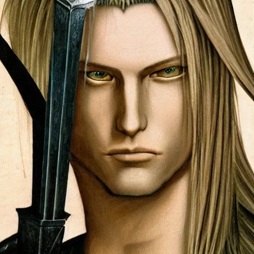 Image similar to Painting of Sephiroth from Final Fantasy 7. Art by Leonardo da Vinci. Extremely detailed. Award winning. 4K.
