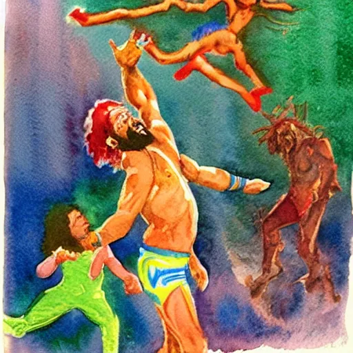 Image similar to watercolour, brightly colored, depicting randy savage hurling a small child into the sky