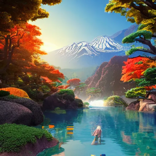 Image similar to mountains, sun, water, japan house, 3 d render, illustration, animals, waterbodies, soft, concept art, intricate details, highly detailed, colorful, photorealistic, disney pixar, octane render, iridescent, anime, 8 k