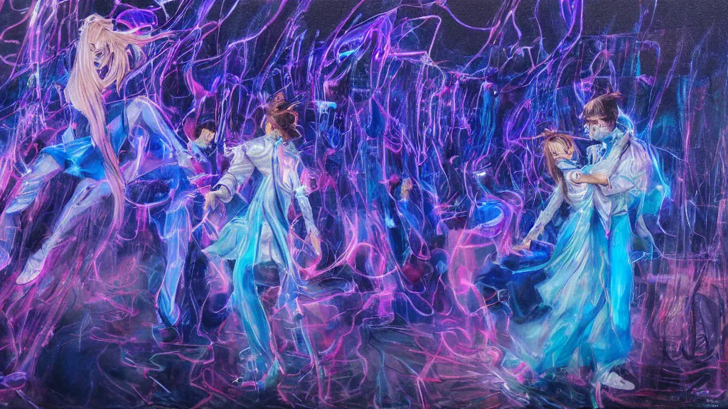 Image similar to beautiful and detailed soft painting of two people dressed as gen z dancing togheter in a nightclub enveloped in trails of colorful animal ghosts floating around them. clean painting, realistic and auora lighting. dark blue and intense purple color palette, art by yoshiyuki tomino, masterpiece, 8 k