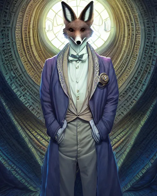 Image similar to anthropomorphic art of a detective fox inside tardis, victorian inspired clothing by artgerm, victo ngai, ryohei hase, artstation. fractal papersand books. highly detailed digital painting, smooth, global illumination, fantasy art by greg rutkowsky, karl spitzweg, doctor who