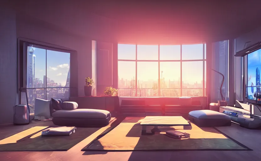 Prompt: futuristic luxury condo interior with three dimensional holographic projection displays and modern sleek furniture by studio ghibli animated film, global illumination, beautiful composition, volumetric lighting, octane render by alena aenami, highly detailed