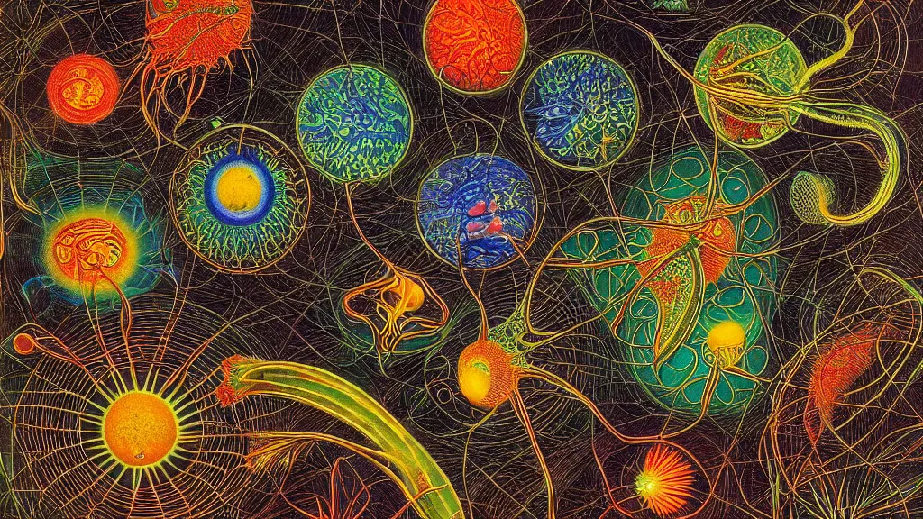 Prompt: quantum connections represented as symbiotic organisms like cells playing around with colorful lights by ernst haeckel, smooth, sharp, realistic