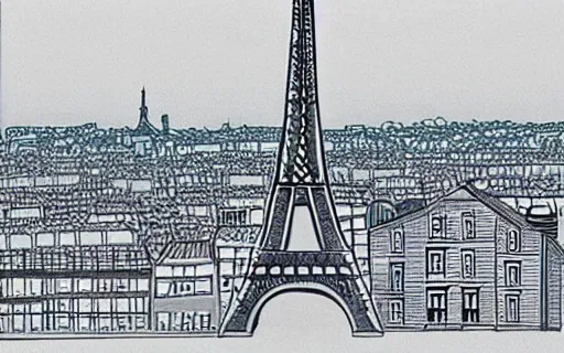 Prompt: paris skyline with the eiffel tower visible, drawn by hayao miyazaki