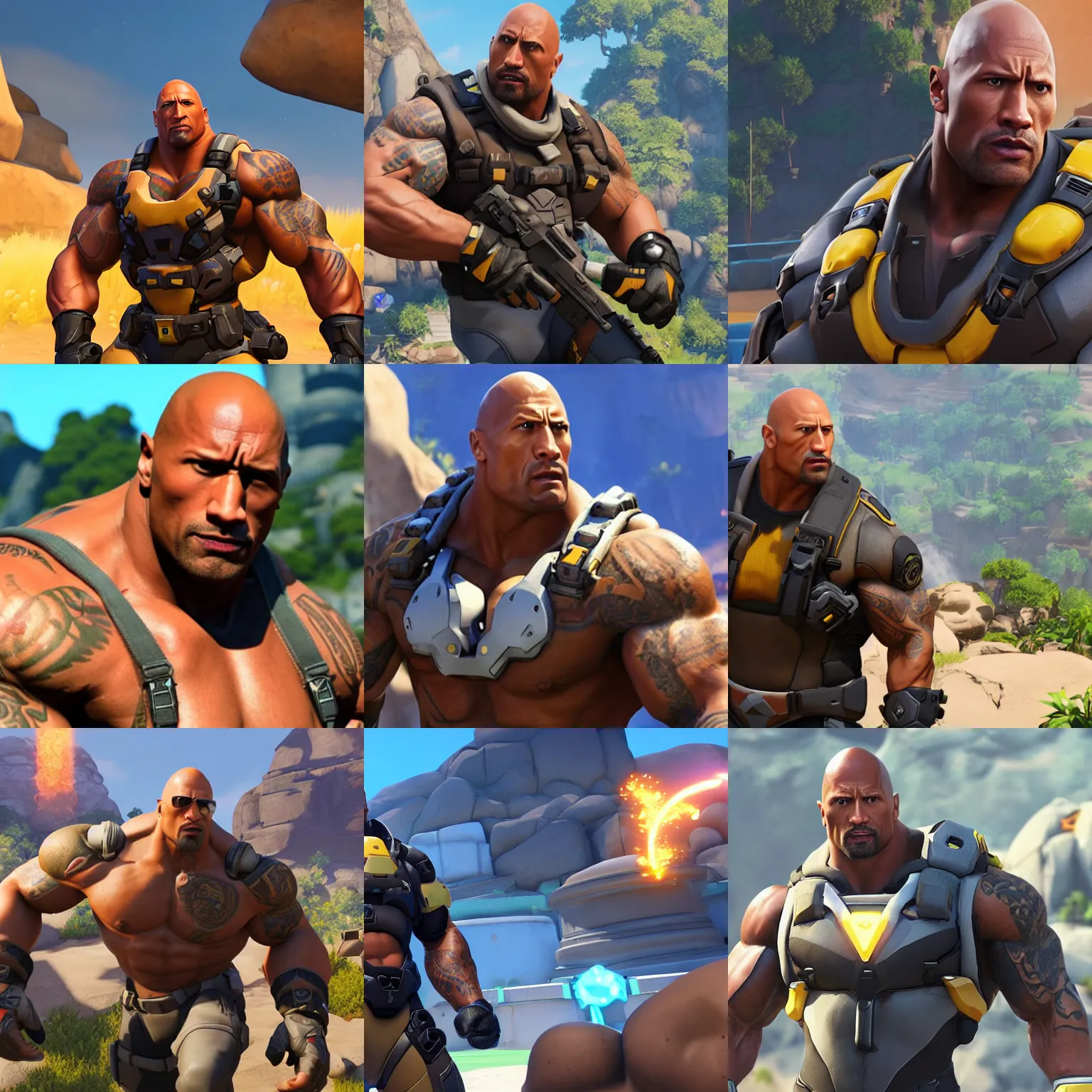 Prompt: gameplay screenshot of dwayne johnson as an overwatch character,