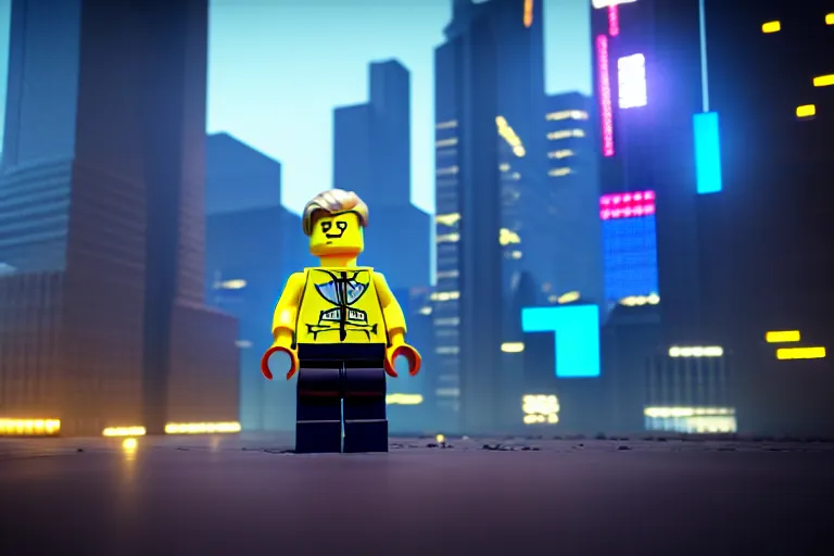 Image similar to a lego man at cyberpunk city. super realistic 8 k render of a elegant, cinematic composition