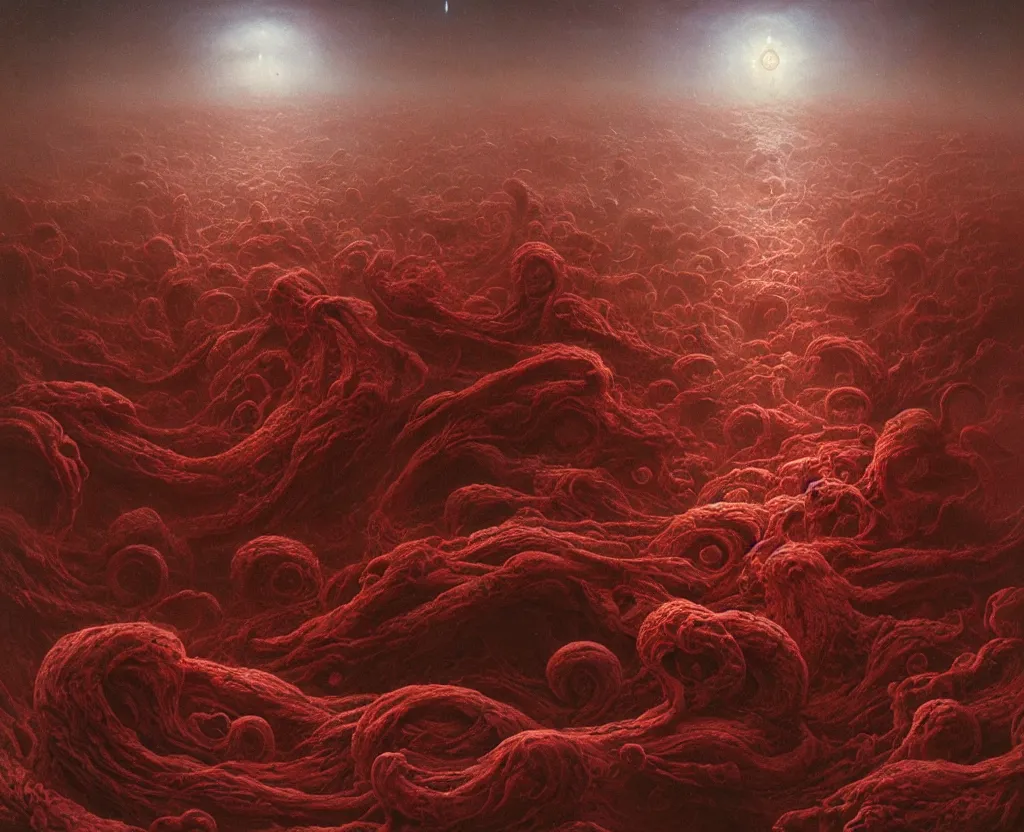 Prompt: The nightmarish cosmic horrors full of indescribable phenomena and blood red spirals, horror, cosmic horror, cinematic, cinematic lighting, by Zdzisław Beksiński and Greg Rutkowski, highly detailed, realistic, 8k