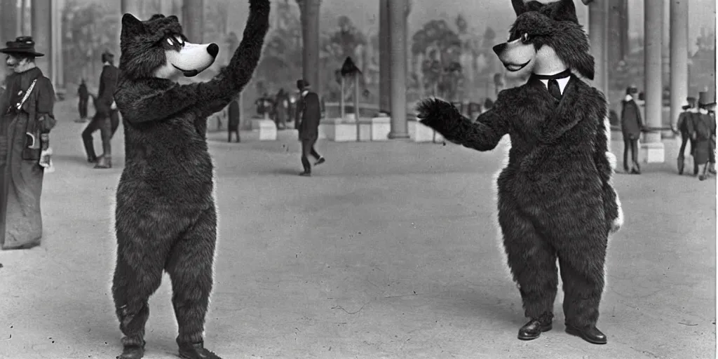 Prompt: anthropomorphic furry wolf at the worlds fair, 1900s photograph