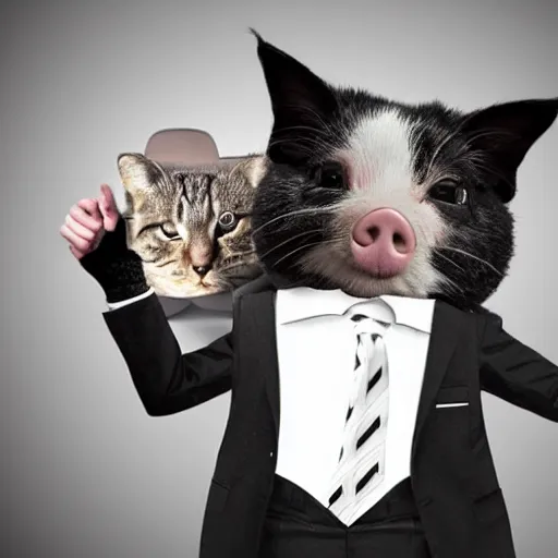 Prompt: a pig wearing a suit fighting with a cat photo - realistic