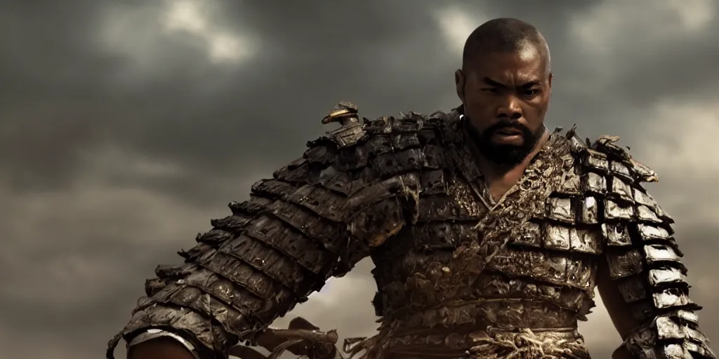 Image similar to a film still of a black man starring in a japanese blockbuster film as ancient samurai, intense, shallow depth of field, cinematic, award winning cgi, vfx, film still