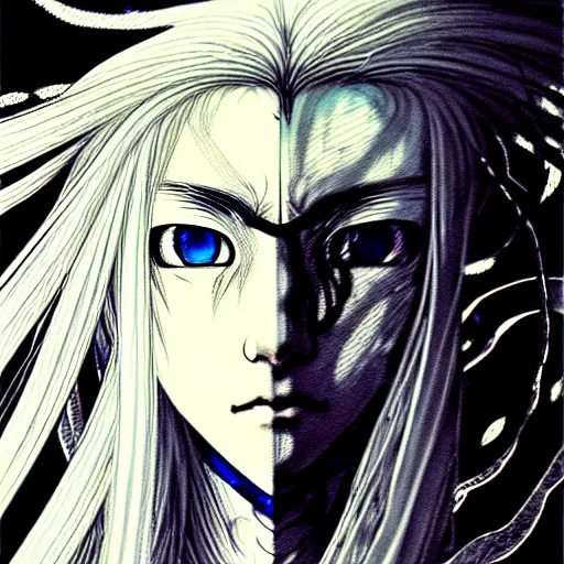 Image similar to Yoshitaka Amano blurred and dreamy illustration of an anime girl with wavy white hair and cracks on her face wearing Elden ring armour with the cape fluttering in the wind, abstract black and white patterns on the background, noisy film grain effect, highly detailed, Renaissance oil painting, weird portrait angle