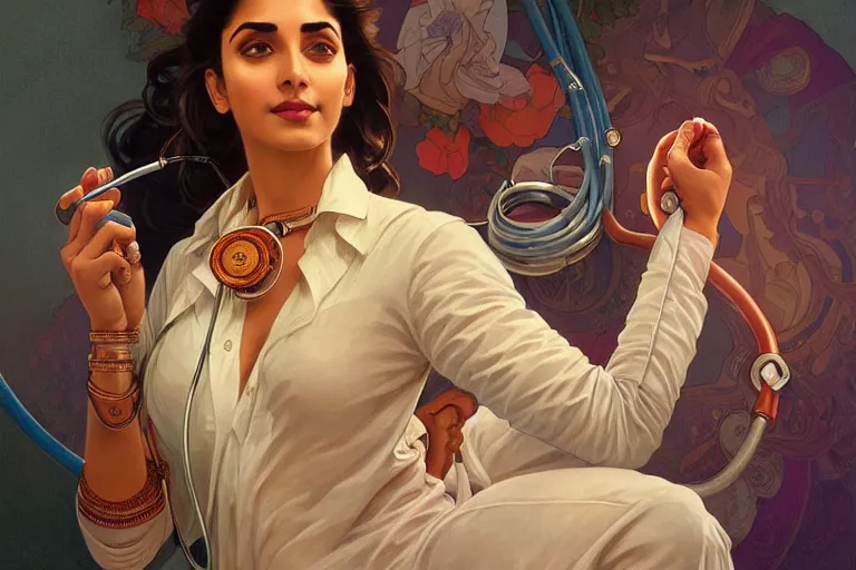 Image similar to sensual pale beautiful indian doctor in jeans with stethoscope, art deco portrait, elegant, intricate, digital painting, artstation, concept art, smooth, sharp focus, illustration, art by artgerm and greg rutkowski and alphonse mucha