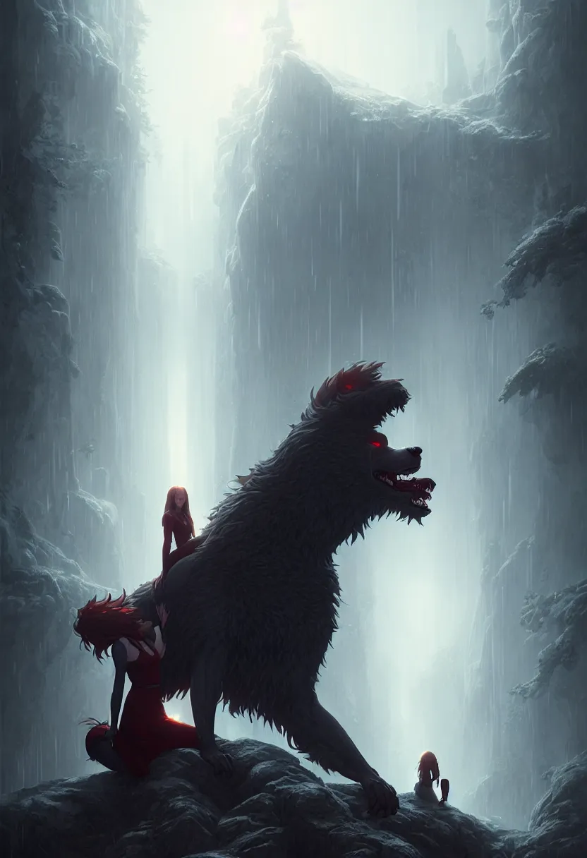 Image similar to book cover for a love story between a werewolf and red headed german girl, ultra high definition, ultra detailed, symmetry, fog, matte painting, by greg rutkowski and ross tran and wlop